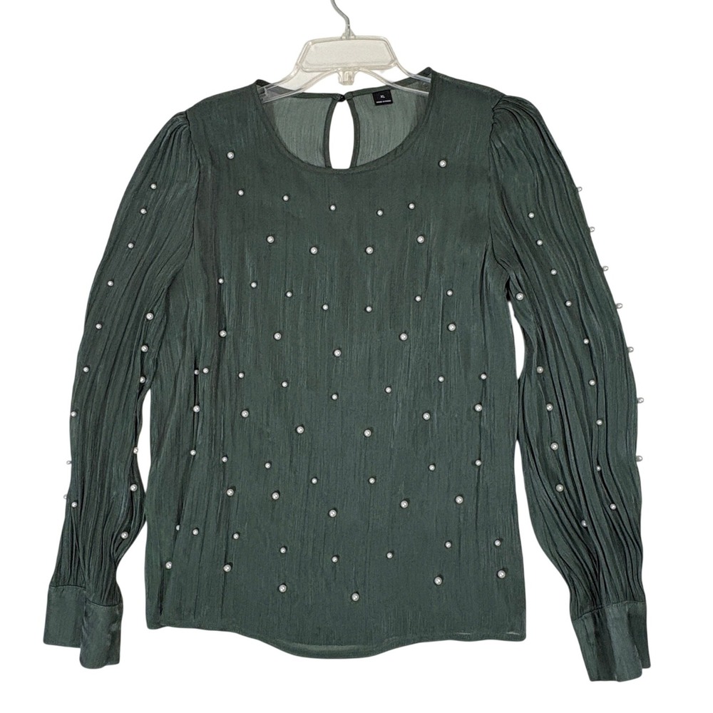 Pearl Embellished Pleated Sleeve Blouse Top Womens XL Emerald Green Long Sleeve